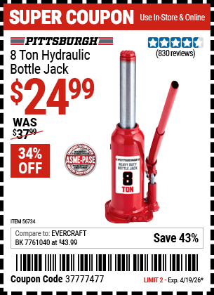 Harbor Freight Coupons, HF Coupons, 20% off - PITTSBURGH 8 Ton Hydraulic Bottle Jack 