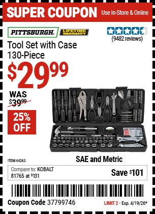 Harbor Freight Coupons, HF Coupons, 20% off - 130 Piece Tool Kit With Case
