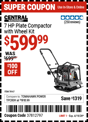 Harbor Freight Coupons, HF Coupons, 20% off - CENTRAL MACHINERY 6.5 HP Plate Compactor with Wheel Kit for $629.99
