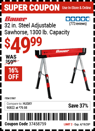 Harbor Freight Coupons, HF Coupons, 20% off - BAUER 1300 lb. Capacity Steel Sawhorse for $49.99