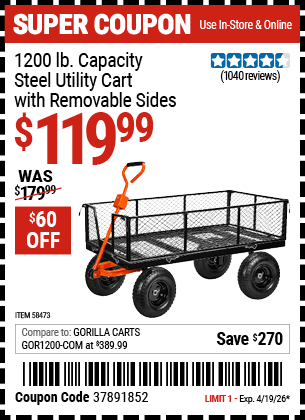 Harbor Freight Coupons, HF Coupons, 20% off - HFT 1200 lb. Capacity Steel Utility Cart with Sides 