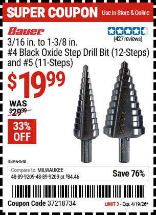 Harbor Freight Coupons, HF Coupons, 20% off - 2 Piece Black Oxide Coated M2 Steel High Speed Step Bits