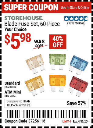Harbor Freight Coupons, HF Coupons, 20% off - 60 Piece Blade Fuse Sets
