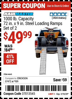 Harbor Freight Coupons, HF Coupons, 20% off - 1000 Lb. Steel Loading Ramps, Set Of Two