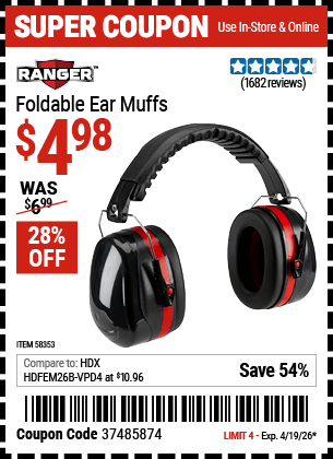 Harbor Freight Coupons, HF Coupons, 20% off - RANGER Foldable Ear Muffs for $5.99
