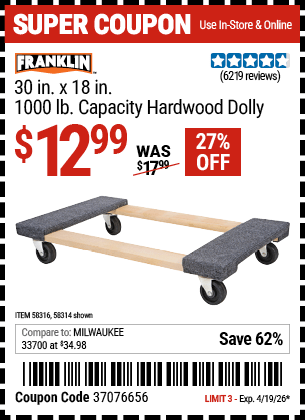 Harbor Freight Coupons, HF Coupons, 20% off - FRANKLIN 30 in. x 19 in. 1000 lb. Capacity Hardwood Dolly for $13.99