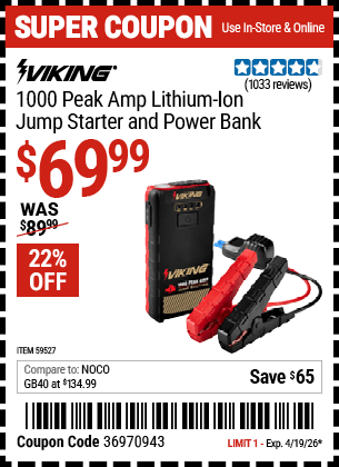 Harbor Freight Coupons, HF Coupons, 20% off - VIKING 1000 Peak Amp Midsize Lithium-Ion Jump Starter and Power Bank for $79.99