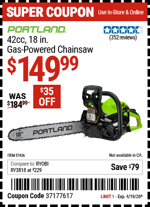 Harbor Freight Coupons, HF Coupons, 20% off - PORTLAND 42cc, 18 in. Gas-Powered Chainsaw for $129.99