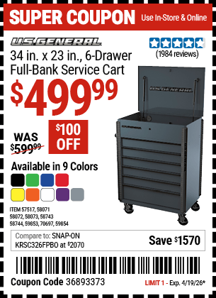 Harbor Freight Coupons, HF Coupons, 20% off - U.S. GENERAL 34 in. Full Bank Service Cart for $499.99