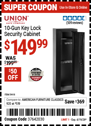 Harbor Freight Coupons, HF Coupons, 20% off - UNION SAFE COMPANY 10 Gun Key Lock Security Cabinet for $169.99