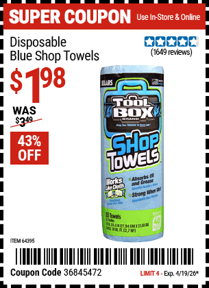 Harbor Freight Coupons, HF Coupons, 20% off - Disposable Blue Shop Towels