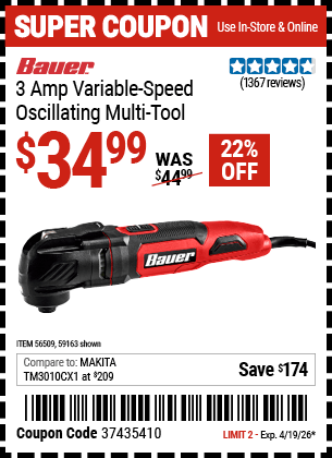 Harbor Freight Coupons, HF Coupons, 20% off - BAUER 3 Amp Variable Speed Oscillating Multi-Tool 