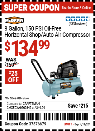 Harbor Freight Coupons, HF Coupons, 20% off - Mcgraw 150 Psi, 8 Gallon, 1.5 Hp Horizontal Compressor