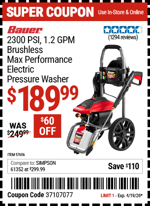 Harbor Freight Coupons, HF Coupons, 20% off - 2300 PSI 1.2 GPM Brushless Max Performance Electric Pressure Washer