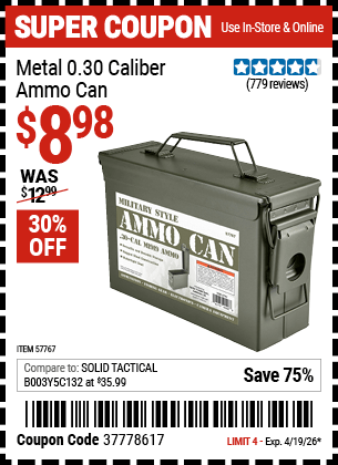 Harbor Freight Coupons, HF Coupons, 20% off - Metal 0.30 Caliber Ammo Can