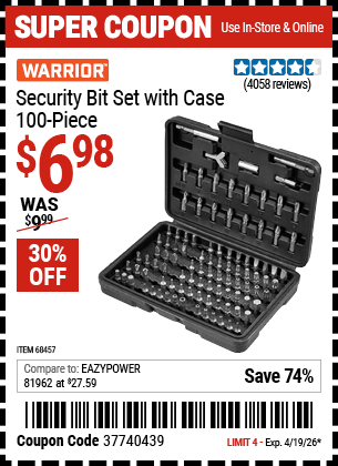 Harbor Freight Coupons, HF Coupons, 20% off - 100 Piece Security Bit Set