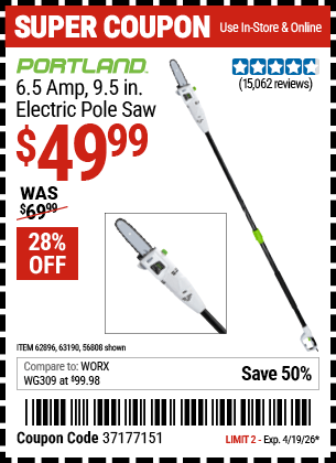 Harbor Freight Coupons, HF Coupons, 20% off - 7 Amp 1.5 Hp Electric Pole Saw