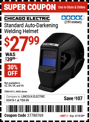 Harbor Freight Coupons, HF Coupons, 20% off - Adjustable Shade Auto-darkening Welding Helmet
