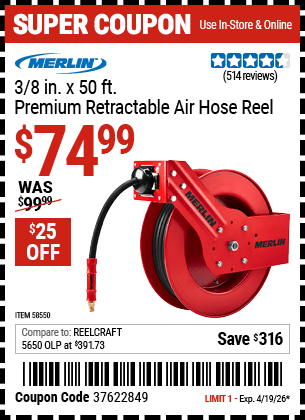 Harbor Freight Coupons, HF Coupons, 20% off - 3/8 in. x 50 ft. Premium Retractable Air Hose Reel