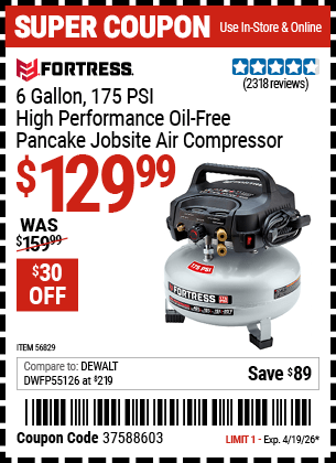 Harbor Freight Coupons, HF Coupons, 20% off - FORTRESS 6 Gallon 175 PSI High Performance Hand Carry Jobsite Air Compressor for $119.99