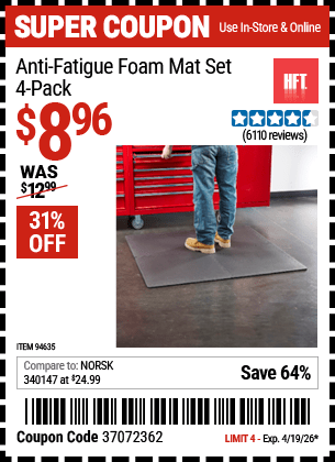 Harbor Freight Coupons, HF Coupons, 20% off - 4 Piece Anti-fatigue Foam Mat Set