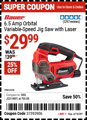 Harbor Freight Coupons, HF Coupons, 20% off - Bauer 6.5 Amp Heavy Duty Tool-free Variable Speed Orbital Jig Saw