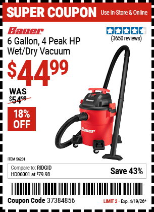 Harbor Freight Coupons, HF Coupons, 20% off - Bauer 6 Gallon Wet Dry Vacuum
