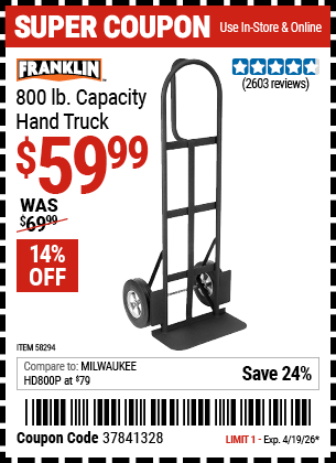Harbor Freight Coupons, HF Coupons, 20% off - FRANKLIN 800 lb. Capacity Hand Truck 