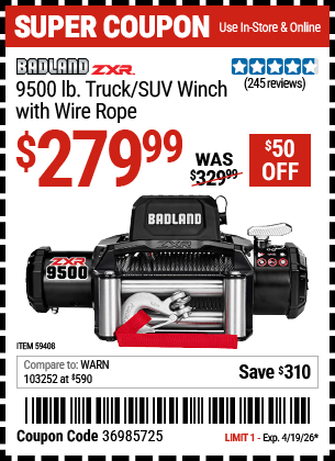 Harbor Freight Coupons, HF Coupons, 20% off - BADLAND ZXR 9500 lb. Truck/SUV Winch with Wire Rope 
