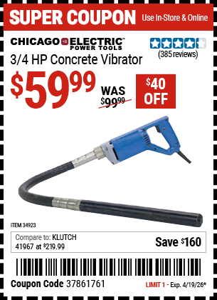 Harbor Freight Coupons, HF Coupons, 20% off - 3/4 Hp Concrete Vibrator