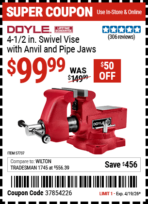 Harbor Freight Coupons, HF Coupons, 20% off - 4 in. Swivel Vise with Anvil  and Pipe Jaws