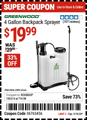 Harbor Freight Coupons, HF Coupons, 20% off - 4 Gallon Backpack Sprayer