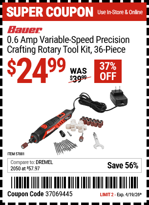Harbor Freight Coupons, HF Coupons, 20% off - BAUER Variable Speed Precision Crafting Rotary Tool for $24.99