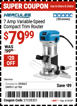Harbor Freight Coupons, HF Coupons, 20% off - HERCULES 1/4 in. Variable-Speed Compact Trim Router for $64.99