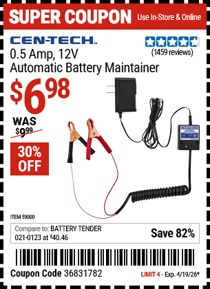 Harbor Freight Coupons, HF Coupons, 20% off - CEN-TECH 12V Automatic Battery Maintainer 