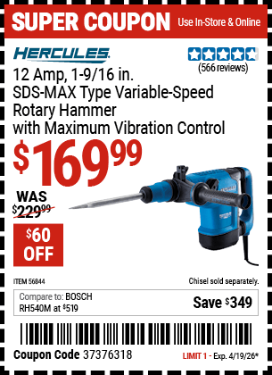 Harbor Freight Coupons, HF Coupons, 20% off - 12 Amp 1-9/16 in.  SDS Max-Type Variable Speed Rotary Hammer