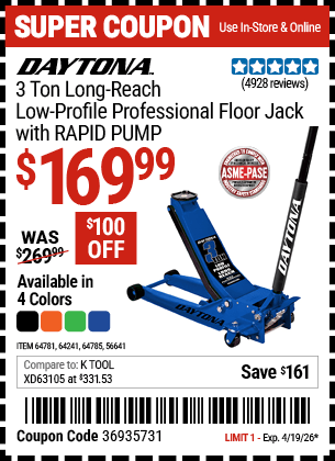 Harbor Freight Coupons, HF Coupons, 20% off - DAYTONA 3 Ton Long Reach Low Profile Professional Rapid Pump Floor Jack for $169.99