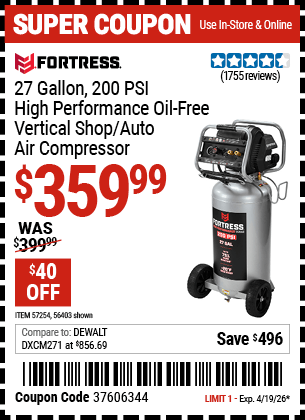 Harbor Freight Coupons, HF Coupons, 20% off - FORTRESS 27 Gallon 200 PSI High Performance Vertical Shop/Auto Air Compressor 