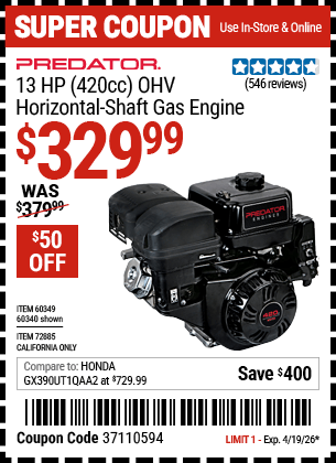 Harbor Freight Coupons, HF Coupons, 20% off - 13 Hp (420 Cc) Ohv Horizontal Shaft Gas Engines