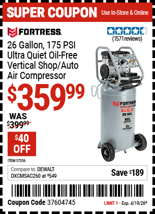 Harbor Freight Coupons, HF Coupons, 20% off - 26 Gallon  175 PSI Ultra Quiet Vertical Shop/Auto Air Compressor