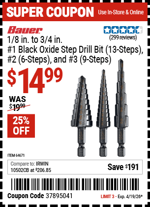 Harbor Freight Coupons, HF Coupons, 20% off - 3 Piece M2 Steel Black Oxide Step Bits