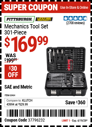 Harbor Freight Coupons, HF Coupons, 20% off - 301 Piece Master Mechanic's Tool Kit