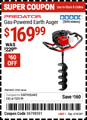 Harbor Freight Coupons, HF Coupons, 20% off - 2 Hp Gas Powered Earth Auger With 6