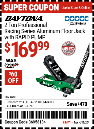 Harbor Freight Coupons, HF Coupons, 20% off - DAYTONA 2 Ton Professional Racing Series Aluminum Floor Jack for $169.99