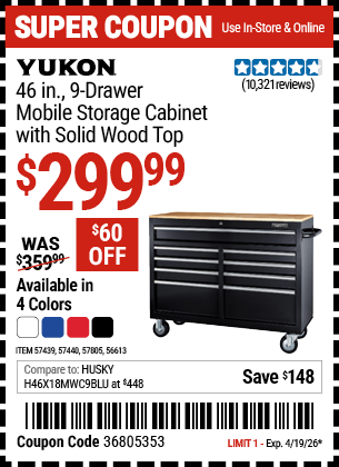 Harbor Freight Coupons, HF Coupons, 20% off - YUKON 46 in. 9-Drawer Mobile Storage Cabinet with Solid Wood Top 