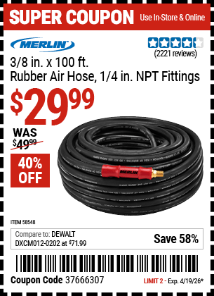 Harbor Freight Coupons, HF Coupons, 20% off - MERLIN 3/8 in. x 100 ft. Rubber Air Hose for $39.99