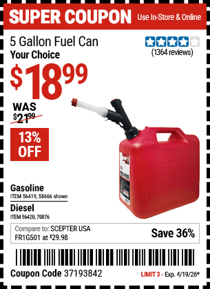 Harbor Freight Coupons, HF Coupons, 20% off - 5 Gallon Diesel/ Gas Can