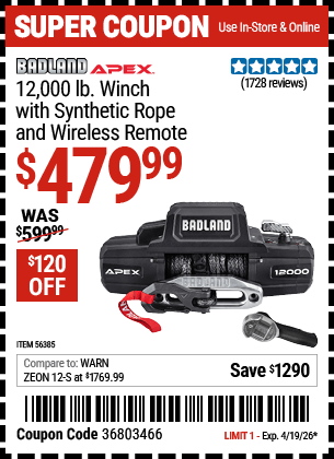 Harbor Freight Coupons, HF Coupons, 20% off - Badland Apex 12,000 Lb. Truck/suv Winch