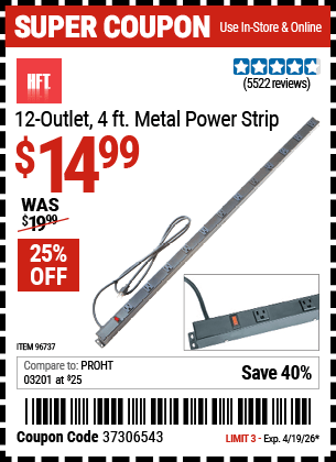 Harbor Freight Coupons, HF Coupons, 20% off - 12 Outlet 4 Ft. Metal Power Strip