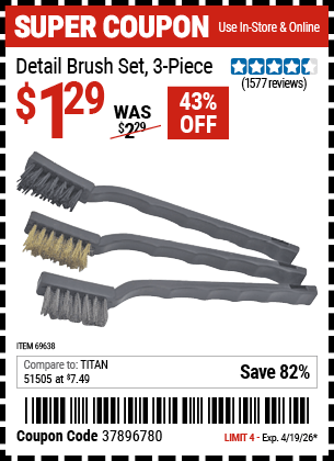 Harbor Freight Coupons, HF Coupons, 20% off - 3 Piece Detail Brush Set